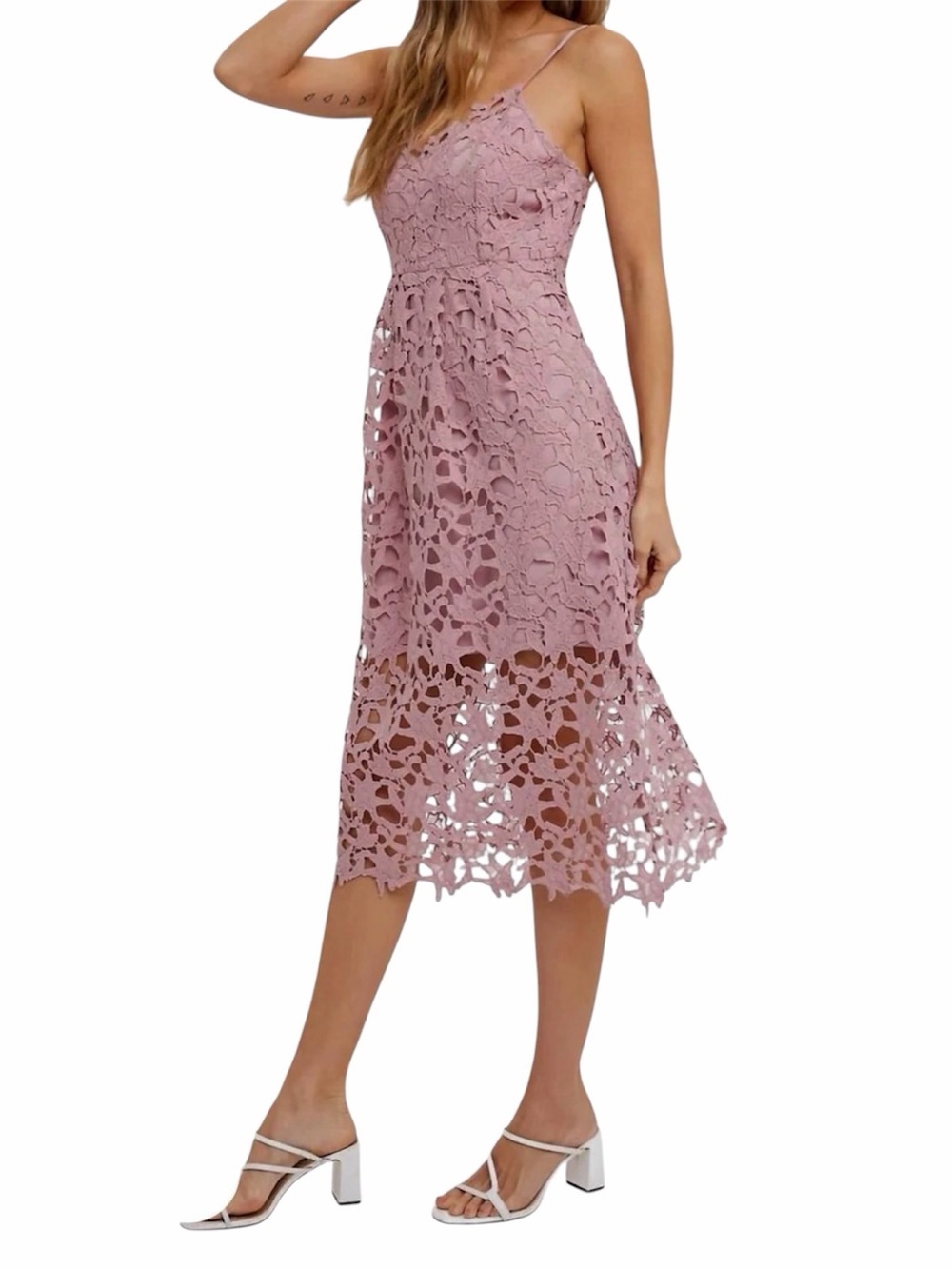 BLUIVY, MIDI DRESS, NWT, WITH ALL-OVER GUIPURE FLORAL LACE. SIZE S